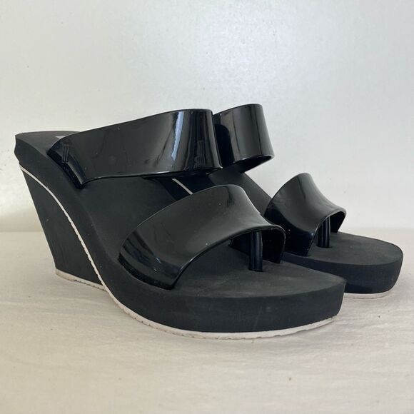 Melissa Summer Wedge Thong Sandals Women 7 High Platform Foam Jelly Black White - Picture 1 of 9